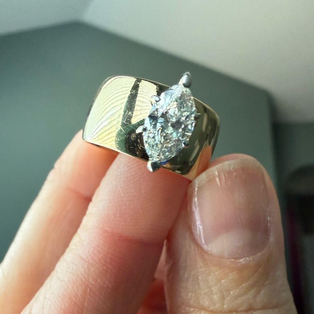 💍 estate vintage 14k Wide Gold Band Ring with 1ct Marquise Diamond solitaire